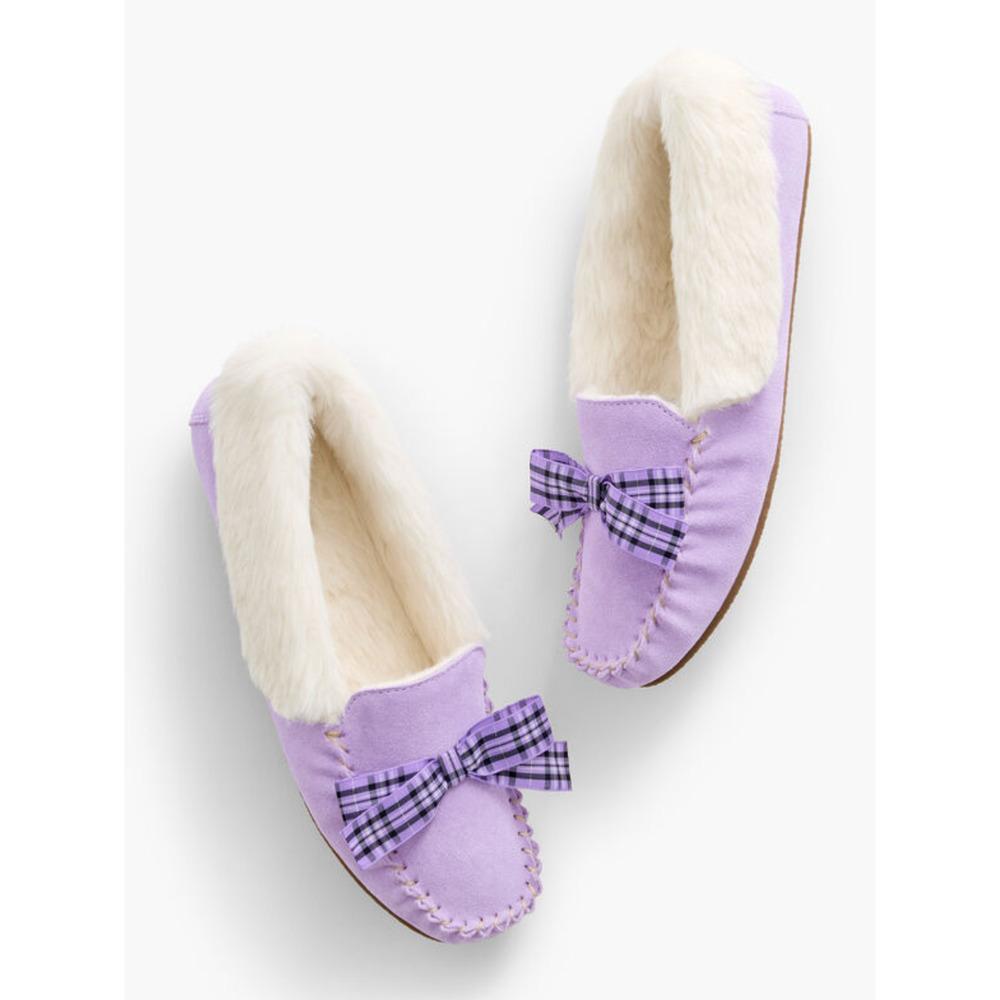 NWT TALBOTS PURPLE SUEDE PLAID BOW RUBY MOCCASINS SLIPPERS SHOES SZ 5